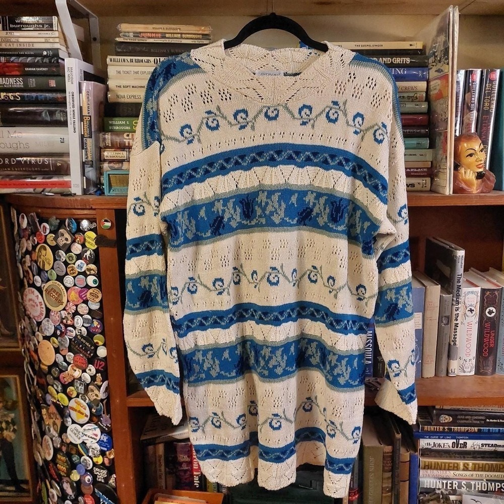 Vintage Turning Point 90s Floral Striped Knit Sweater Blue Green USA Medium